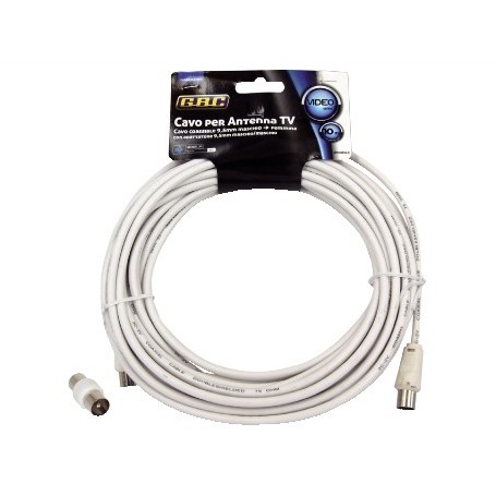 Cavo antenna tv spina/presa bianco 10 mt + adattatore spina/spina